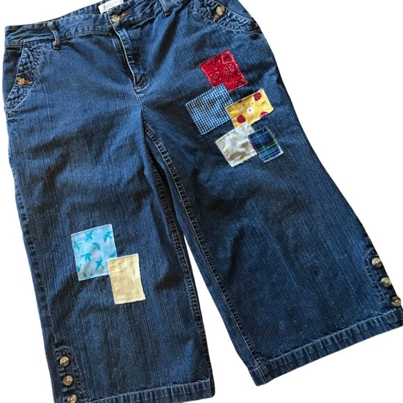 Patchwork Capris Jean Shorts: Upcycled Denim Spring Summer Picnic Pants, Size 8 - Picture 5 of 14